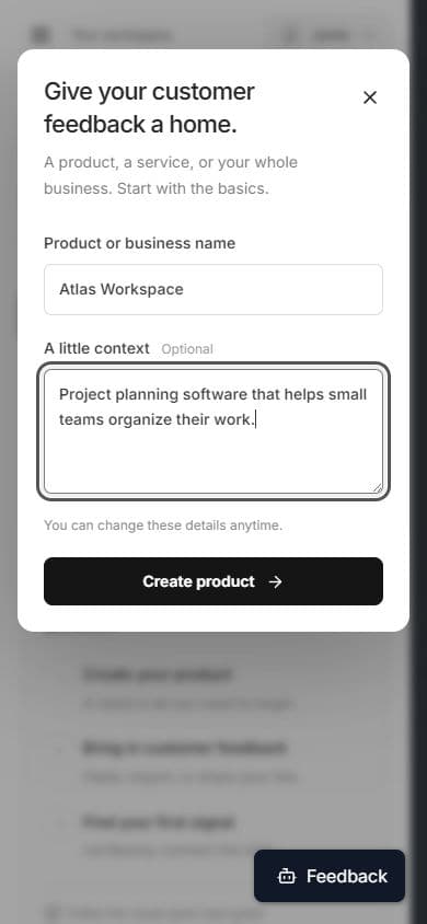 Create product dialog with only a name and optional context, using an example product