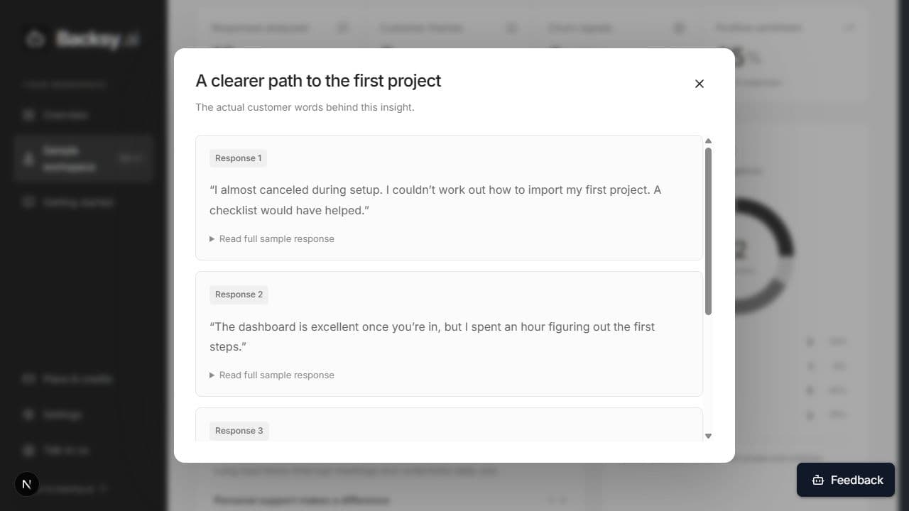Customer evidence dialog with verified source quotes supporting a feedback theme