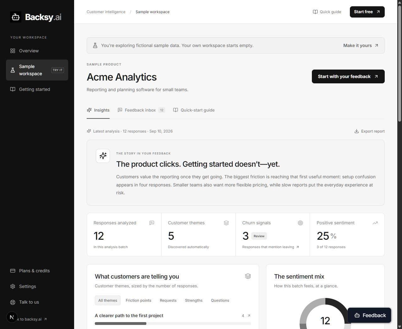 Backsy sample workspace showing a customer summary, analysis metrics, automatic themes, and sentiment mix
