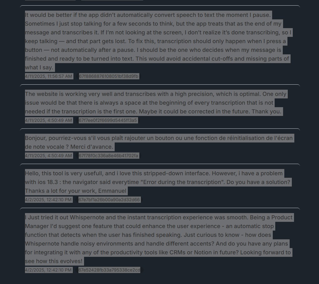 Backsy feedback list with text selected for copying