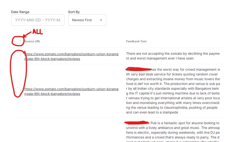 Select feedback items to accept